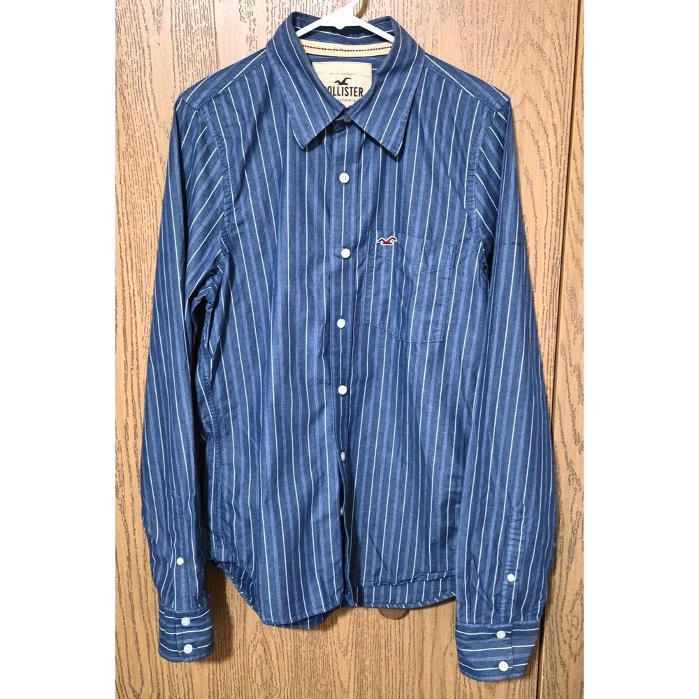Hollister Men's Navy Blue White Striped Button Down Collared Shirt Size Large